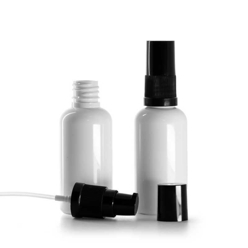 Botella plástica, blanca, dispensador para loción negro con tapa negra, 50 ml