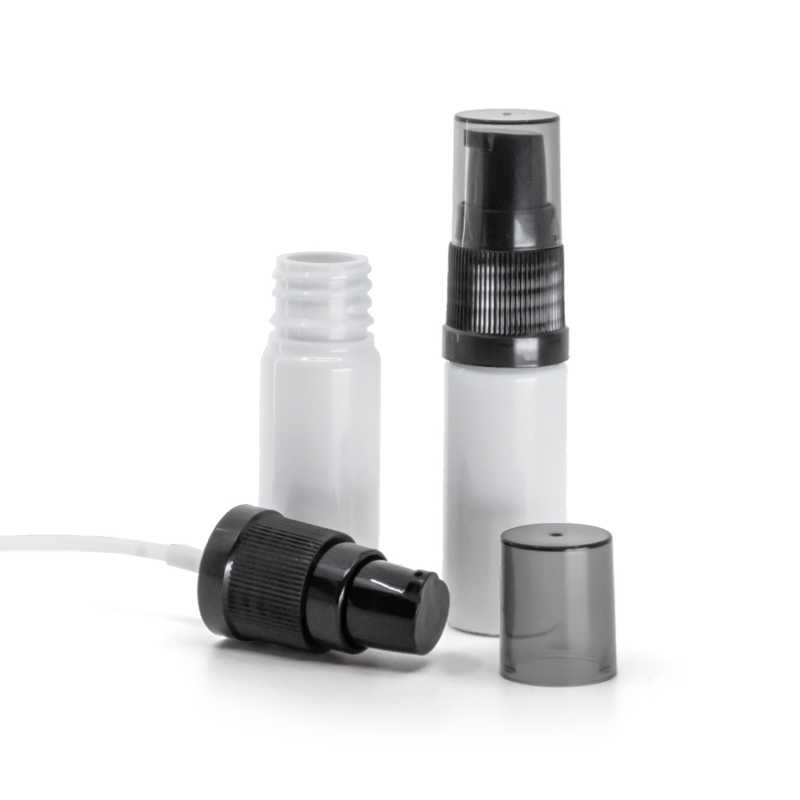 Frasco de plástico blanco, dispensador de crema negro con sobretapa ahumada, 10 ml