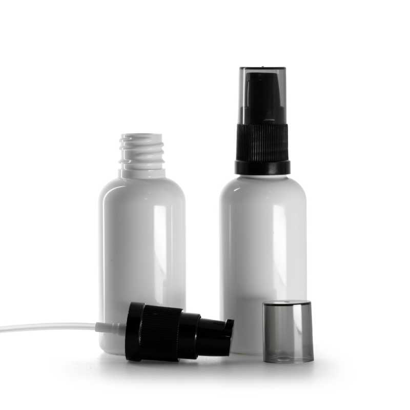 Frasco de plástico blanco, dispensador de crema negro con sobretapa ahumada, 50 ml