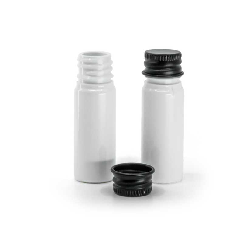 Botella de plástico, blanca, tapón de aluminio negro, 10 ml