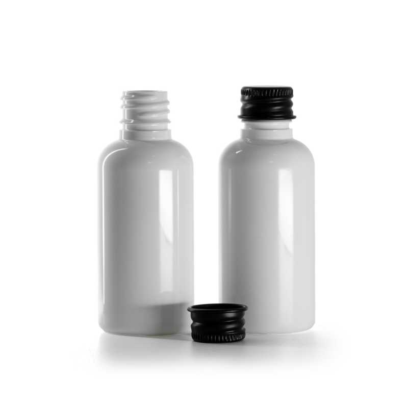 Botella de plástico, blanca, tapón de aluminio negro, 50 ml