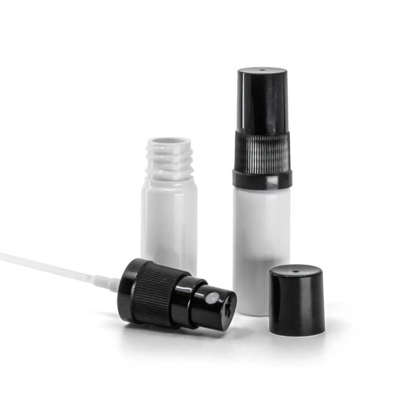 Botella de plástico, blanca, pulverizador negro, tapa negra, 10 ml