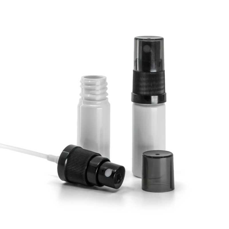 Frasco de plástico blanco, pulverizador negro con sobretapa ahumada, 10 ml