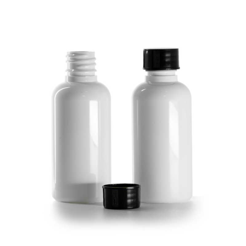 Botella de plástico, blanca, tapón negro, 50 ml