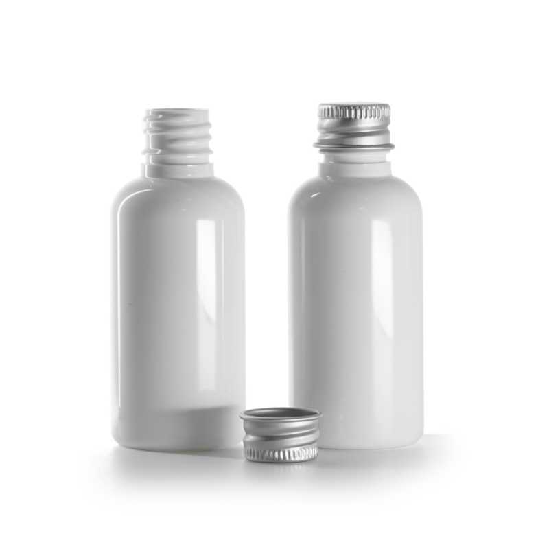Frasco de plástico, blanco, tapón de aluminio, 50 ml