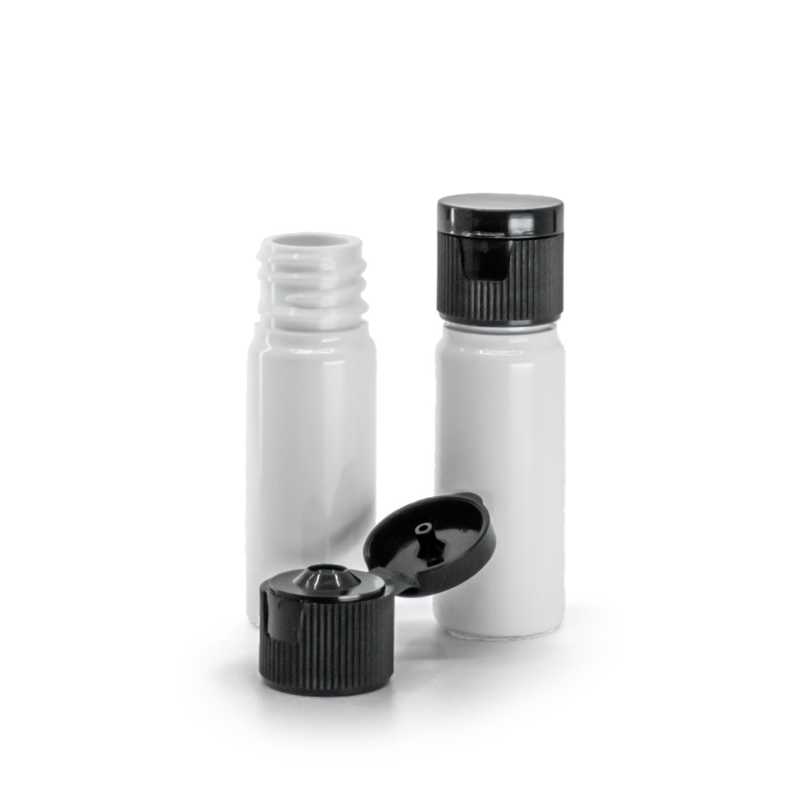 Botella de plástico, blanca, tapón abatible de plástico, negro, 10 ml