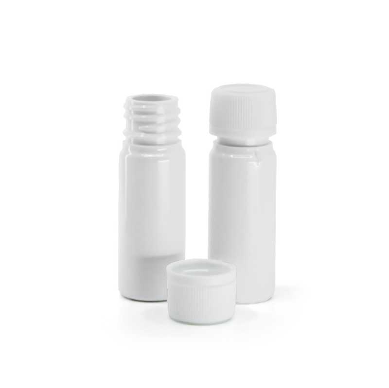 Frasco plástico, blanco, tapón inviolable de plástico, estriado, 18/410, 10 ml
