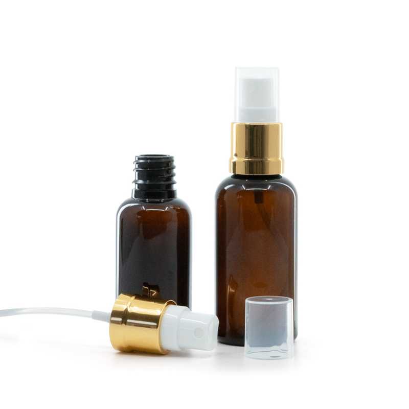 Envase plástico, ámbar, pulverizador, blanco y dorado, 30 ml