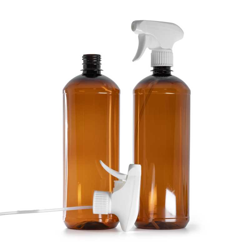 Botella de plástico marrón, pulverizador de gatillo blanco, 1000 ml