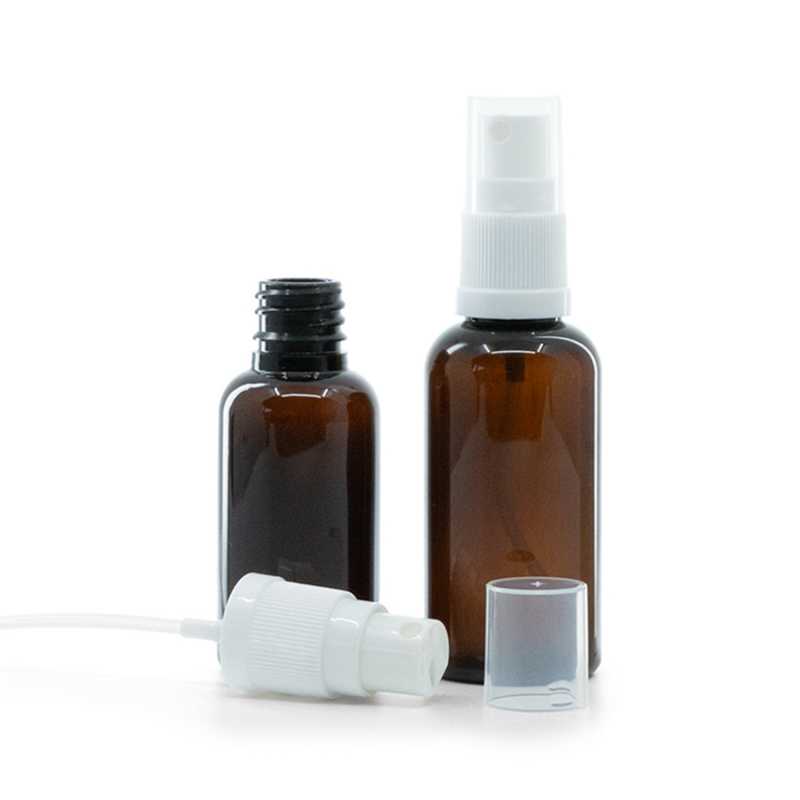 Botella de plástico, ámbar, pulverizador blanco, 30 ml
