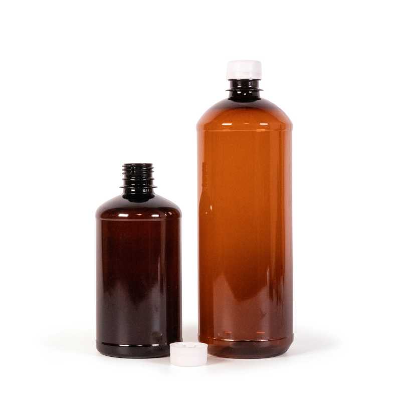 Botella de plástico marrón, tapón blanco, 500 ml