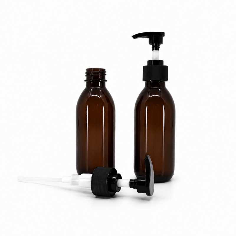 Botella de plástico marrón, bomba de loción de plástico negra, 150 ml