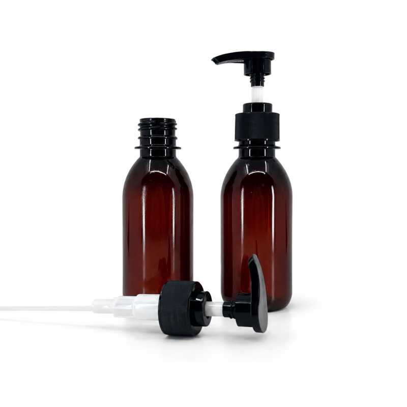 Botella de plástico marrón, bomba estriada negra, 200 ml