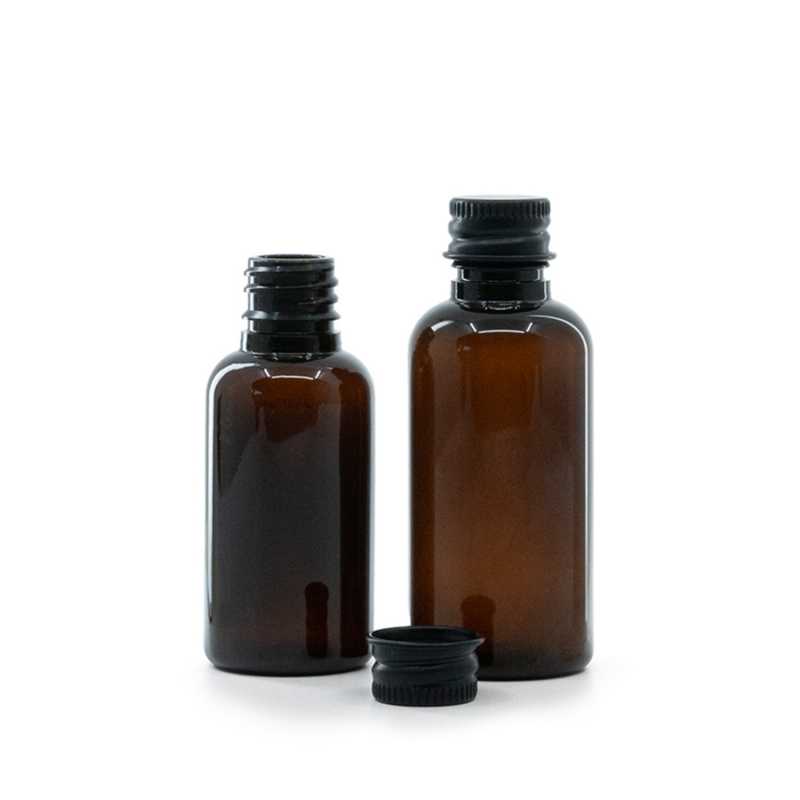 Botella de plástico ámbar, tapón de aluminio negro, 30 ml