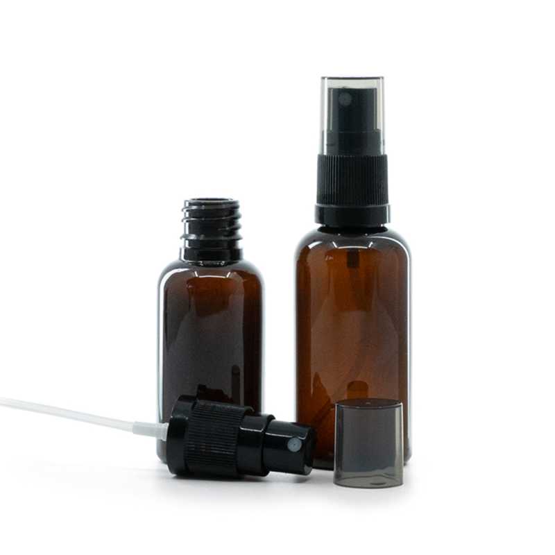 Frasco de plástico ámbar, pulverizador negro de bruma fina, sobretapa ahumada, 50 ml