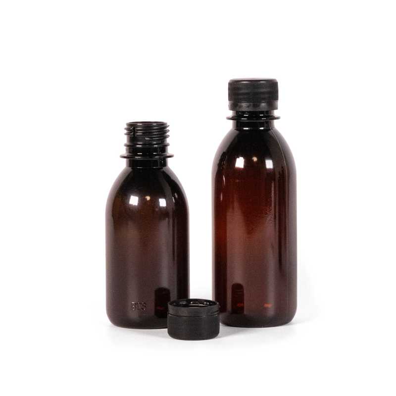 Botella de plástico marrón, tapón negro, 200 ml