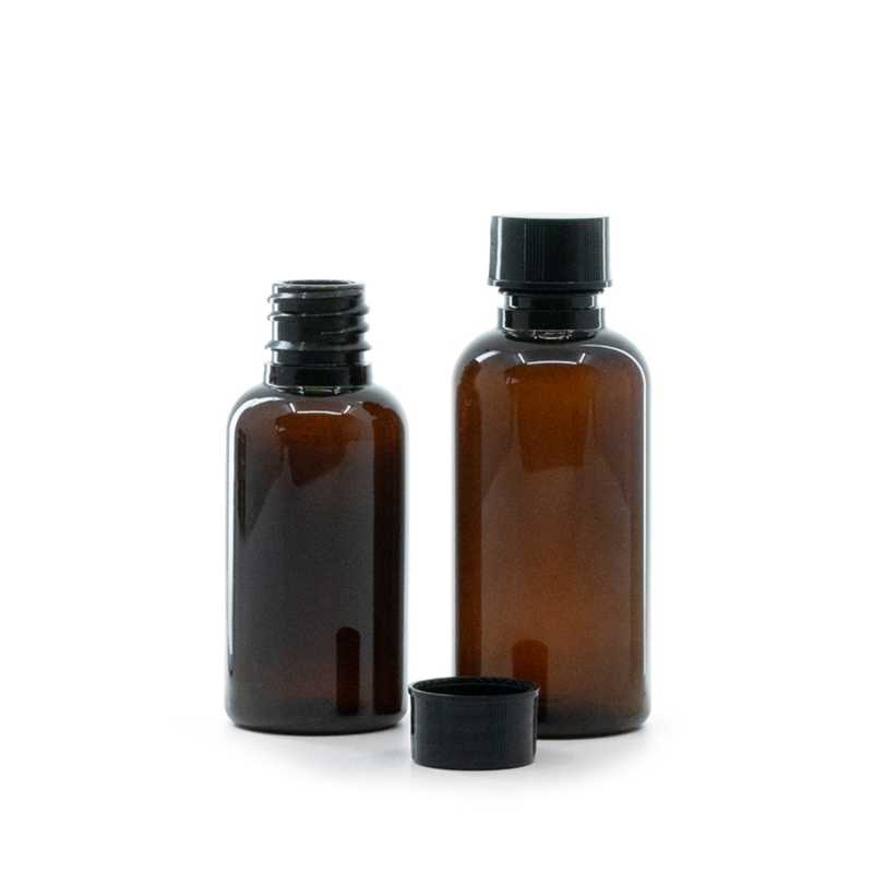 Botella de plástico, ámbar, tapón negro, 50 ml
