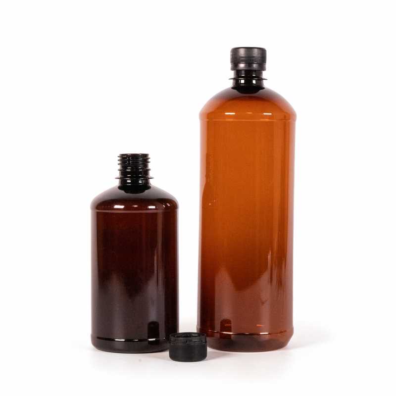 Botella de plástico marrón, tapón negro, 500 ml