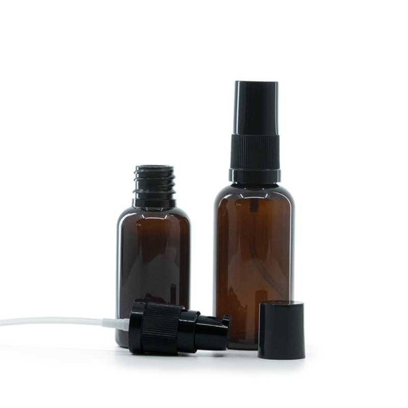 Botella de plástico, ámbar, bomba loción con anillo negro, 30 ml