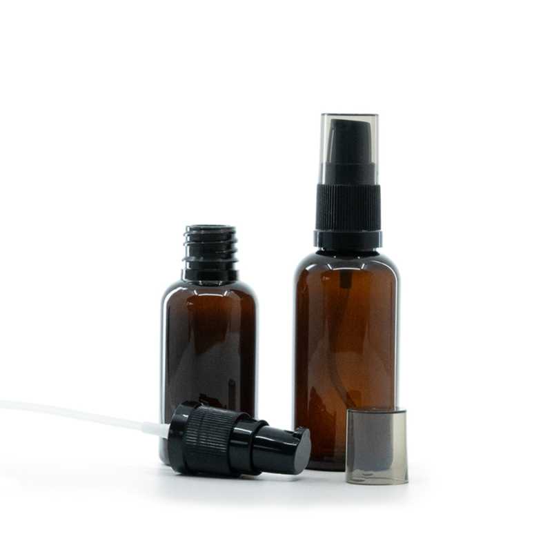 Frasco de plástico ámbar, dispensador de crema con sobretapa ahumada, 30 ml