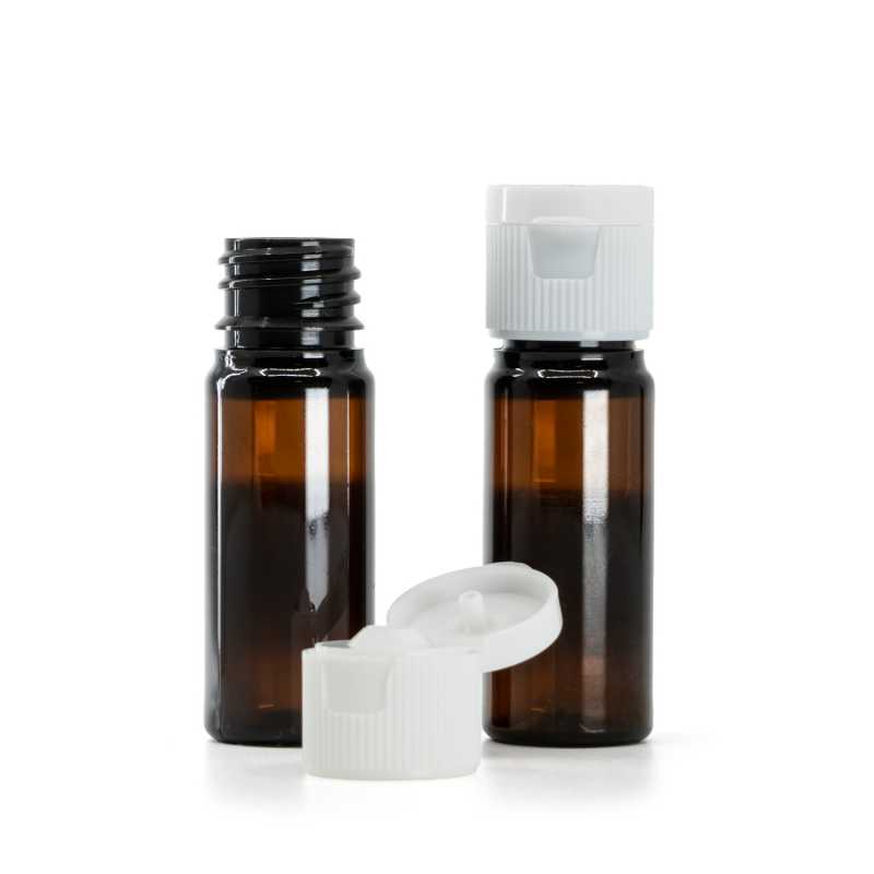 Botella de plástico, ámbar, tapón abatible, blanco, 10 ml