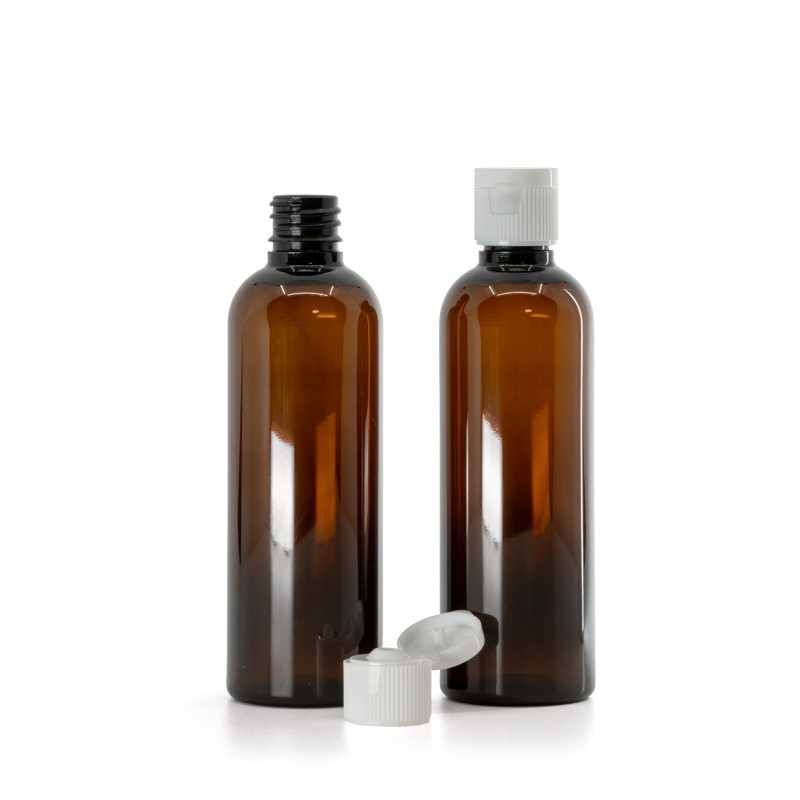Botella de plástico, ámbar, tapón abatible blanco, 18/410, 100 ml