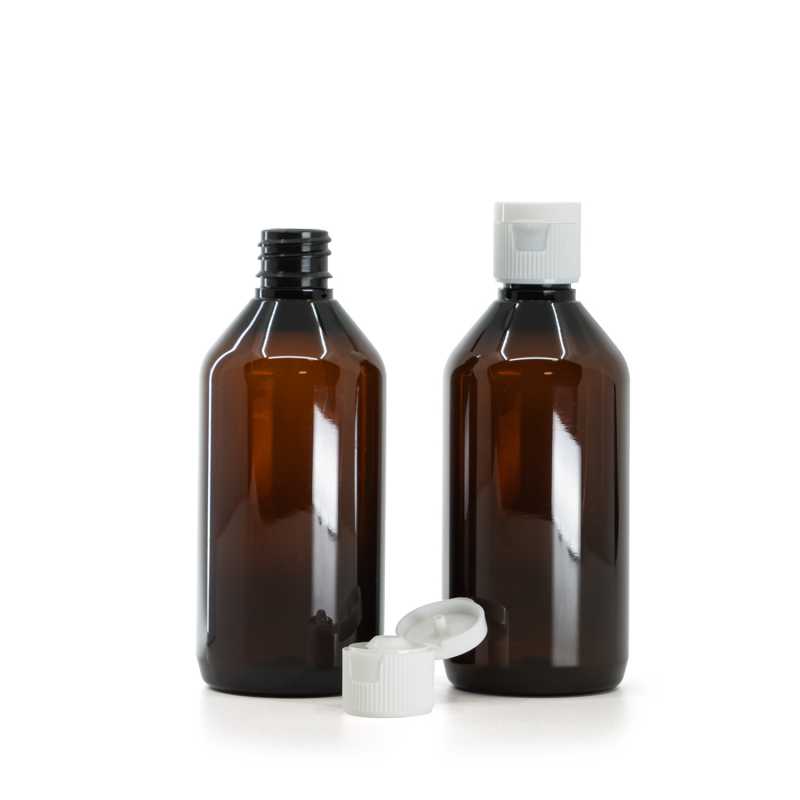 Botella de plástico, ámbar, tapón flip top, blanco, 115 ml