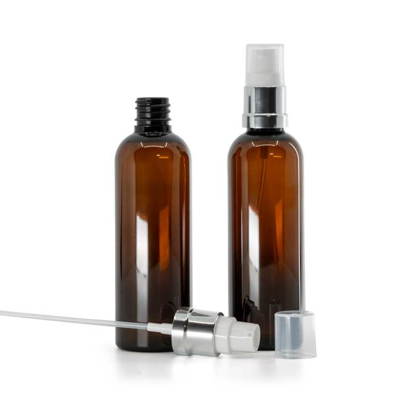Botella de plástico, ámbar, dispensador blanco y plateado brillante, 100 ml