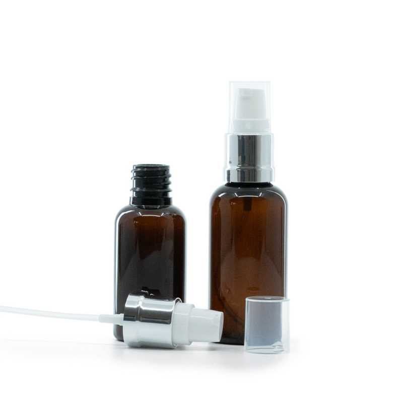 Botella plástica, ámbar, dosificador blanco plateado brillante, 30 ml