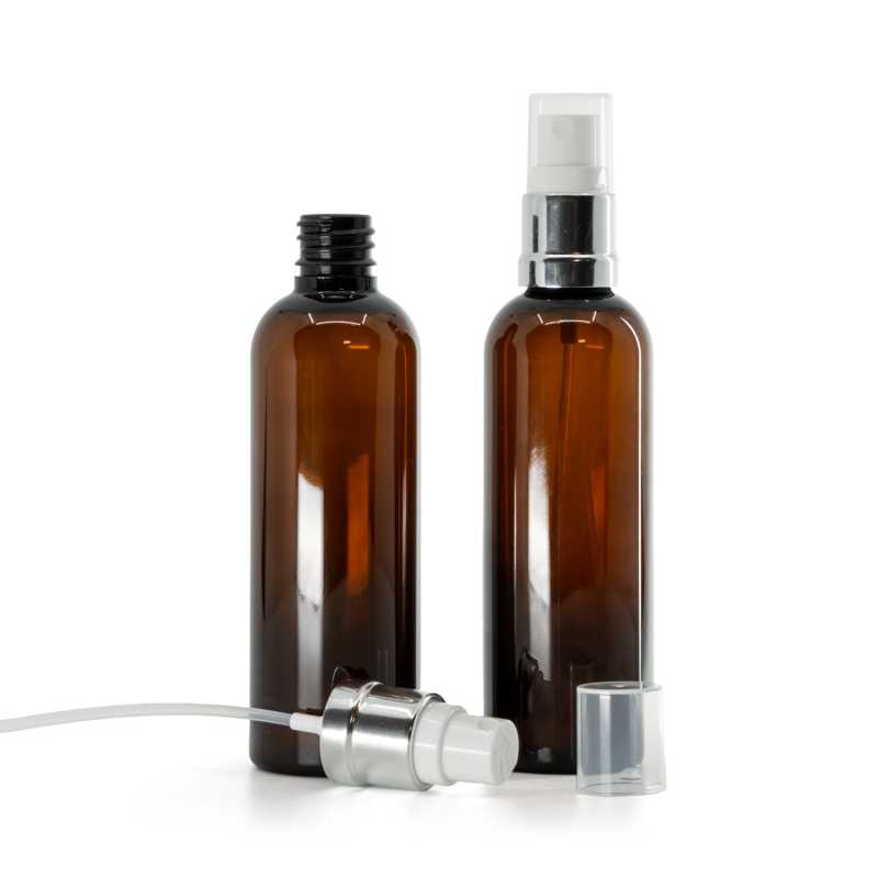 Botella de plástico, ámbar, pulverizador blanco plateado, 100 ml