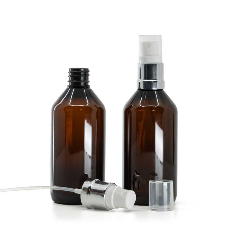 Botella plástica, ámbar, pulverizador plateado blanco, 115 ml