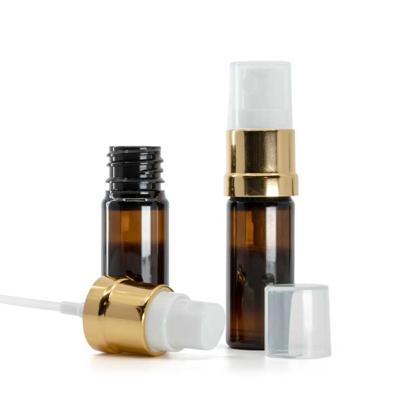 Botella de plástico, ámbar, pulverizador, blanco dorado, 10 ml
