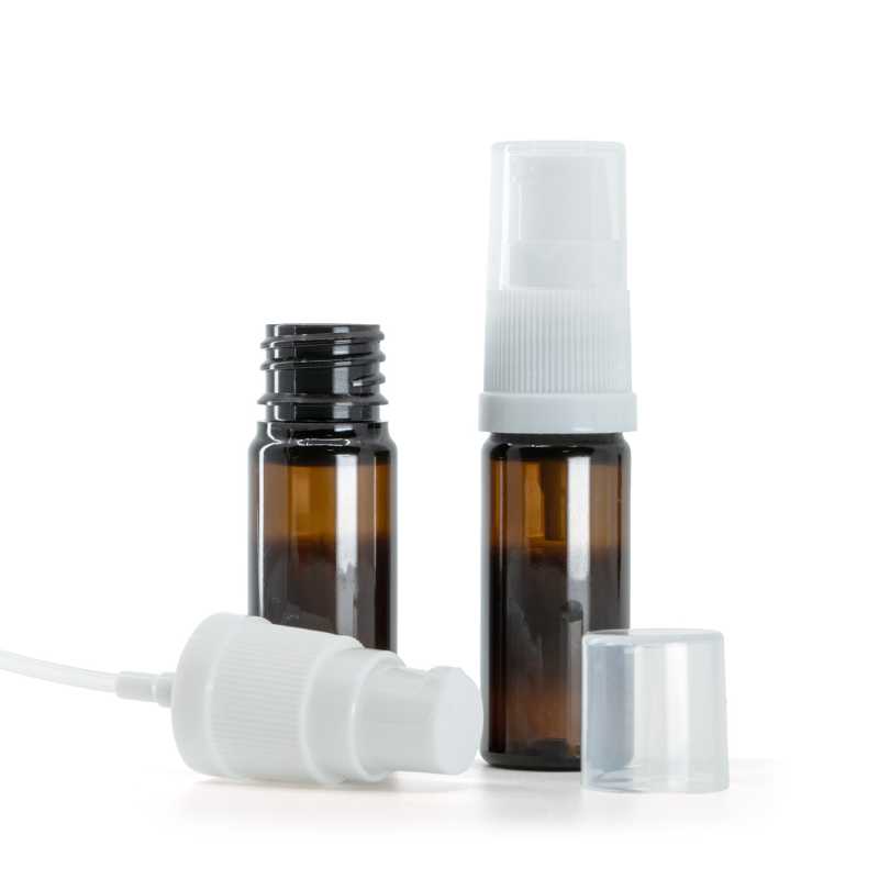 Botella de plástico, ámbar, dispensador de loción blanco, 10 ml