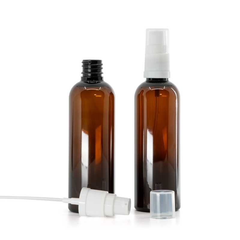 Botella de plástico, ámbar, dosificador blanco, 100 ml