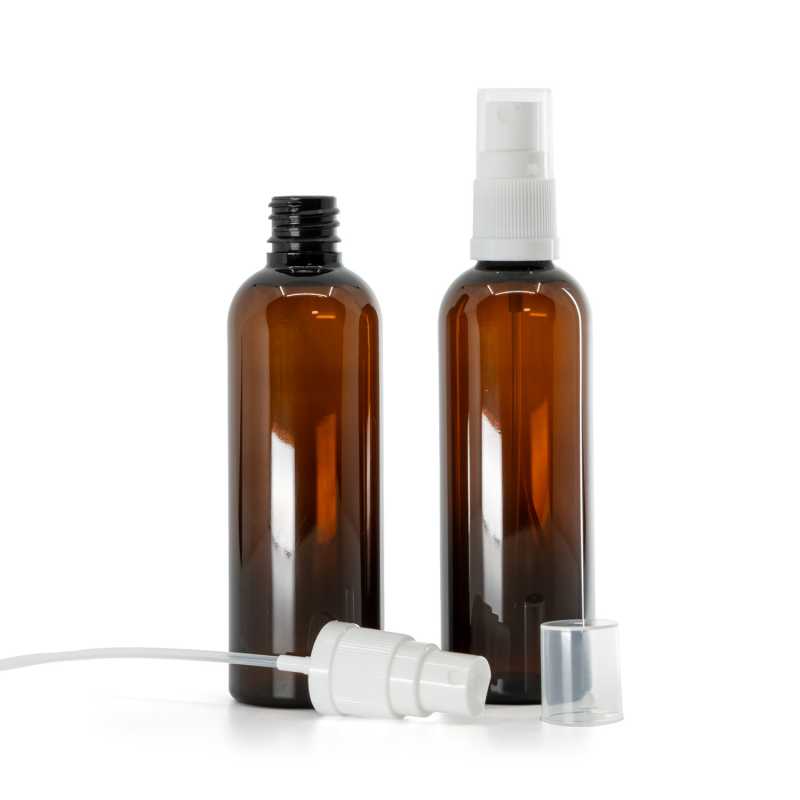 Botella plástica, ámbar, pulverizador blanco, 100 ml