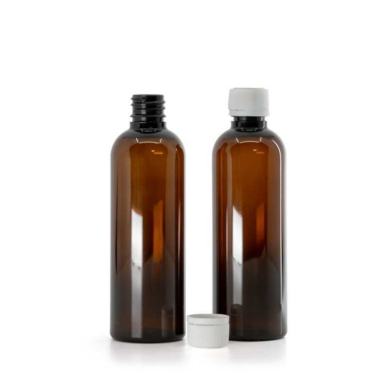 Botella de plástico, ámbar, tapón de seguridad blanco con anillo, 100 ml