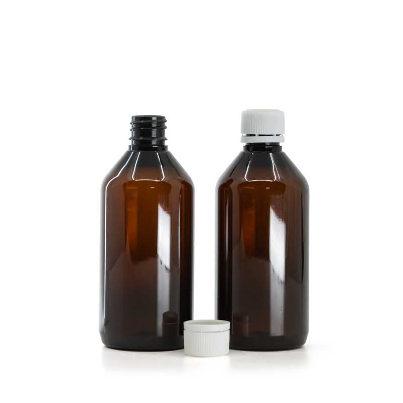 Botella de plástico, ámbar, tapón de seguridad blanco, 115 ml