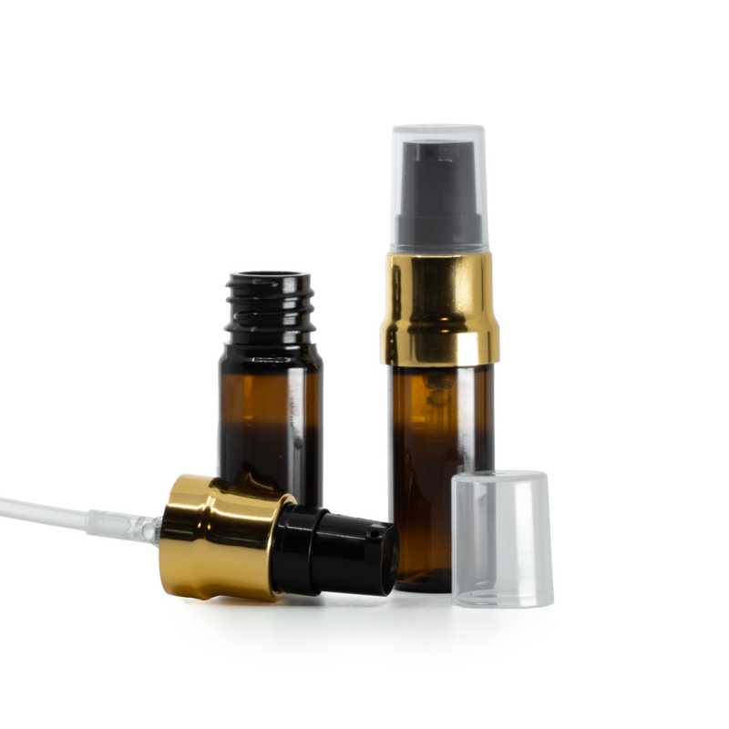 Envase plástico, ámbar, dispensador negro y dorado brillante con tapón transparente, 10 ml