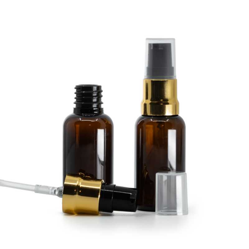Botella de plástico ámbar, dispensador negro dorado brillante, tapa transparente, 30 ml