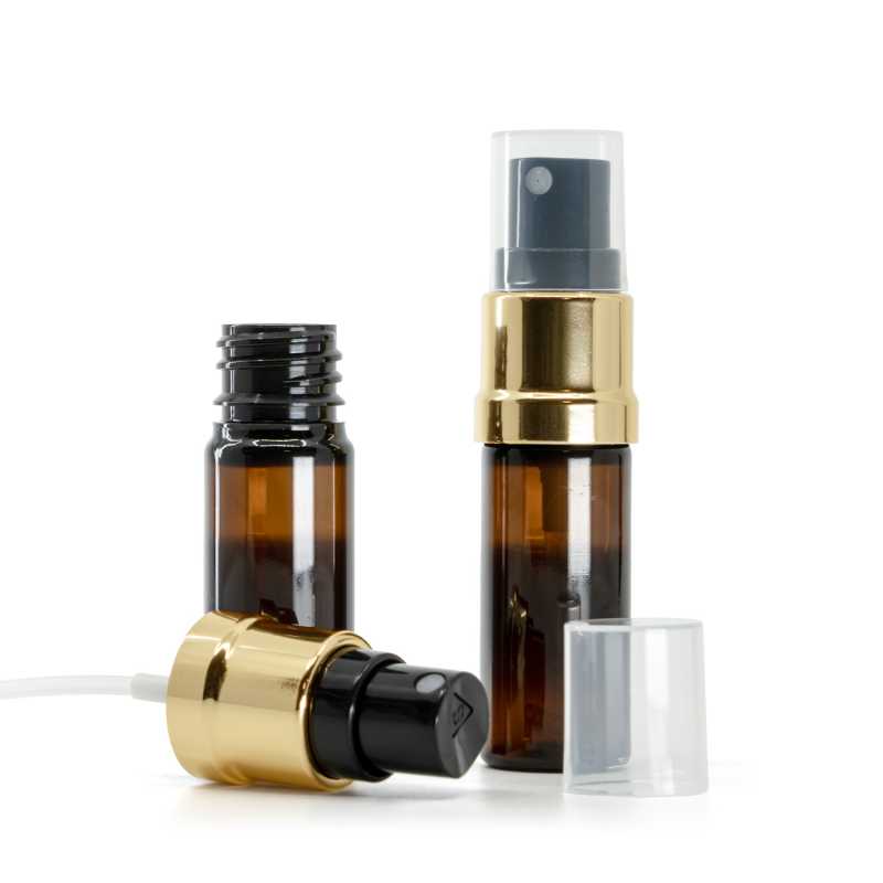 Botella de plástico, ámbar, pulverizador, negro dorado, 10 ml