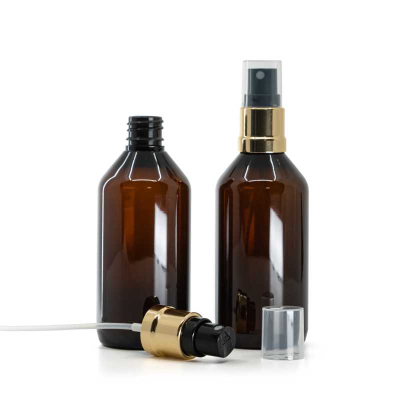 Botella de plástico, ámbar, pulverizador, negro dorado, 115 ml