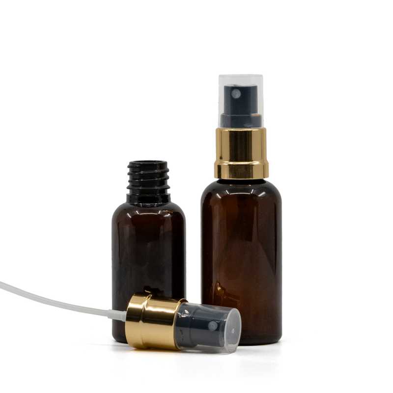 Botella plástica ámbar, pulverizador negro dorado, 30 ml