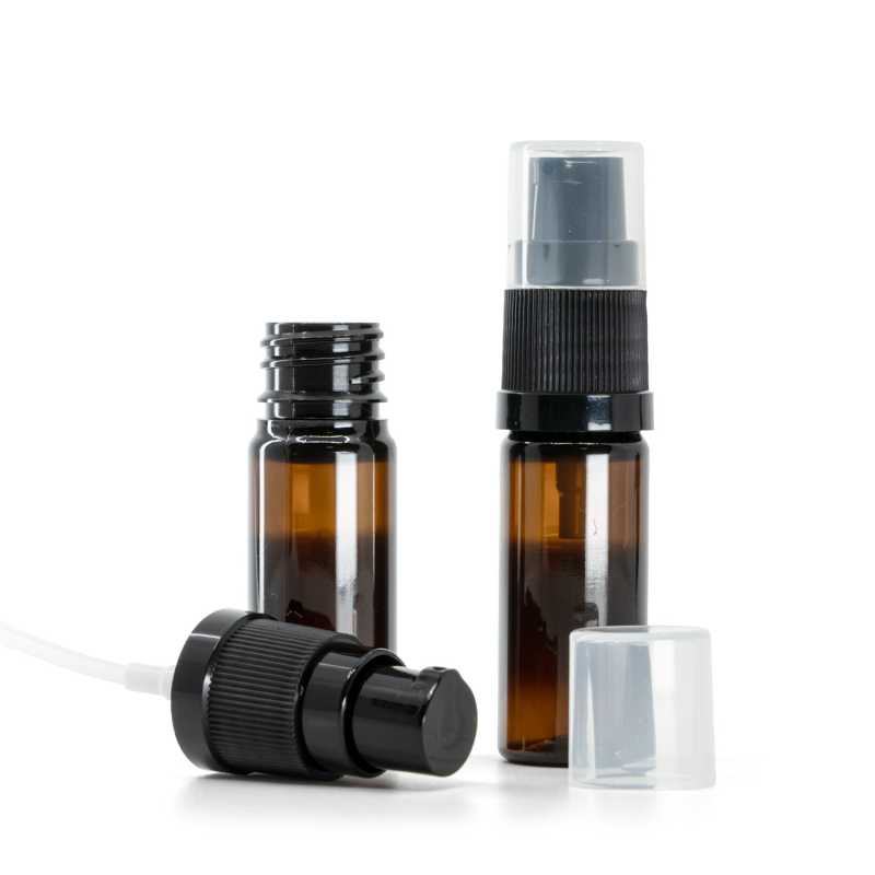 Botella de plástico, ámbar, dosificador de loción negro, 10 ml