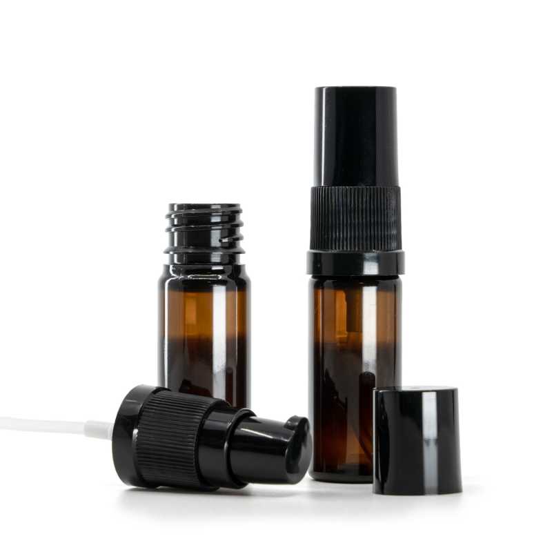 Botella de plástico, ámbar, dispensador de loción negro con tapón negro, 10 ml