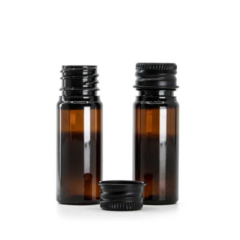 Frasco de plástico ámbar, tapón de aluminio negro, 10 ml