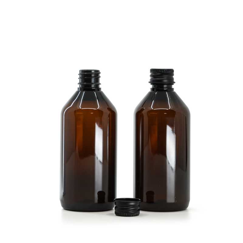 Botella de plástico, ámbar, tapón de aluminio negro, 115 ml