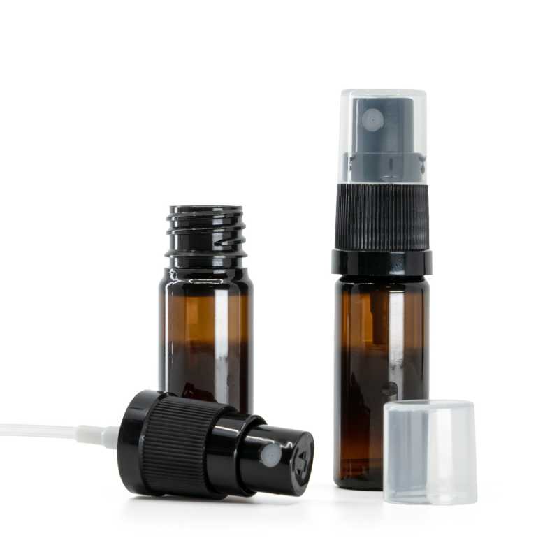 Botella de plástico, ámbar, pulverizador negro, 10 ml