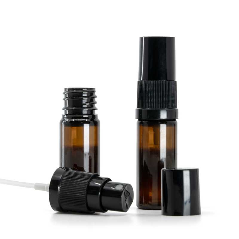 Botella de plástico, ámbar, pulverizador, negro, 10 ml