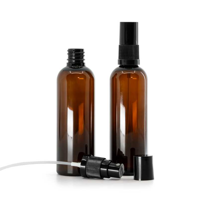 Botella de plástico, ámbar, pulverizador, negro, 100 ml