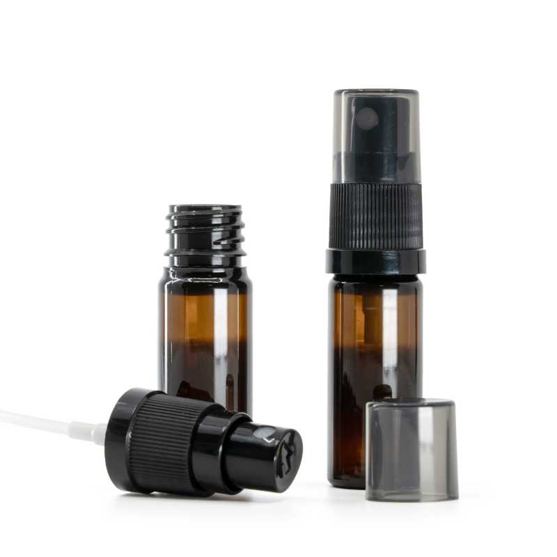Frasco de plástico ámbar, pulverizador negro, sobretapa ahumada, 10 ml